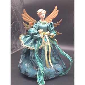 Vintage Christmas Tree Angel Topper Peacock Theme Green & Gold Iridescent Dress